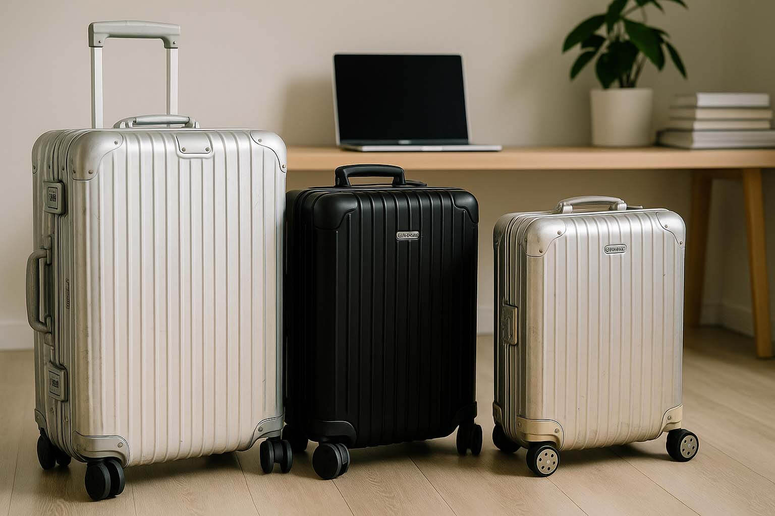 RIMOWA 行李箱收購情境,Original Cabin、Check-In M/L 鋁鎂合金與聚碳酸酯款式並排展示,青蘋果3C 三店現場估價+現金付款